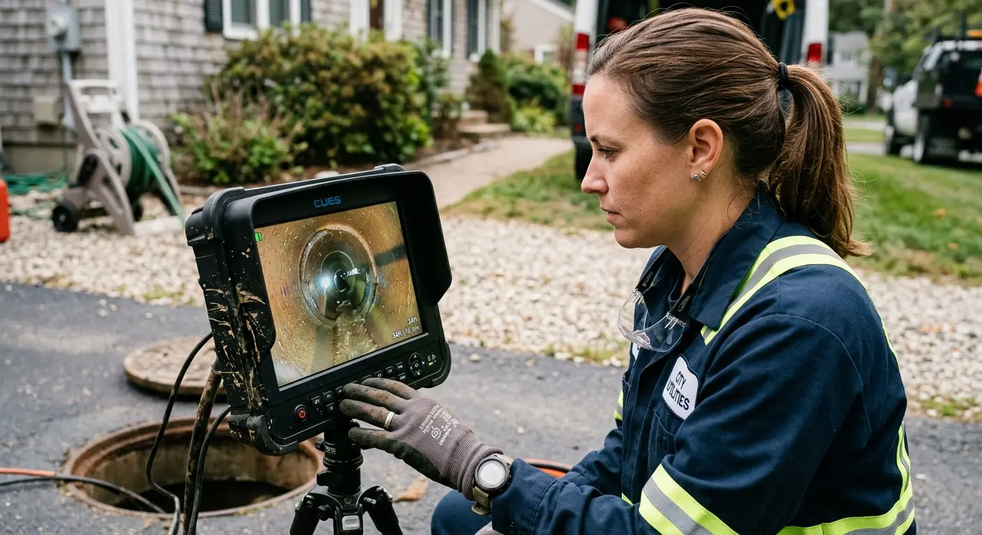Technician reviewing sewer camera inspection footage in Livonia