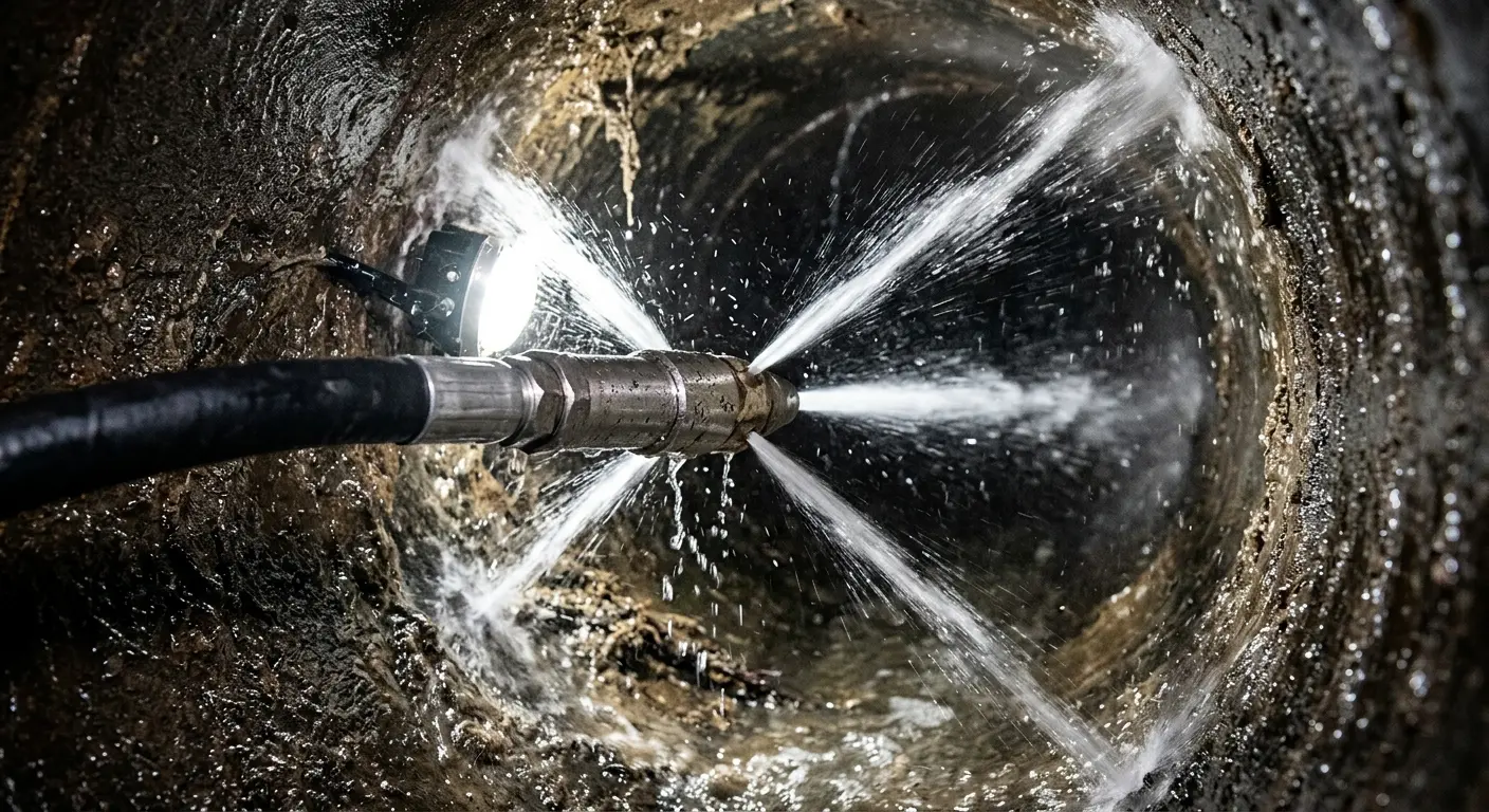 High-pressure hydro jetting nozzle cleaning sewer pipe for Sewer Cleanout in Livonia