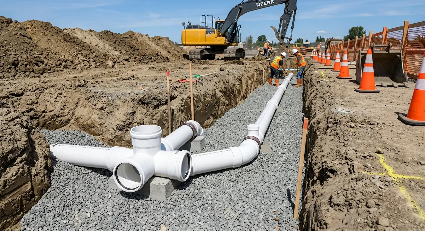 New PVC sewer pipe installation in open trench for Sewer Backup in Livonia