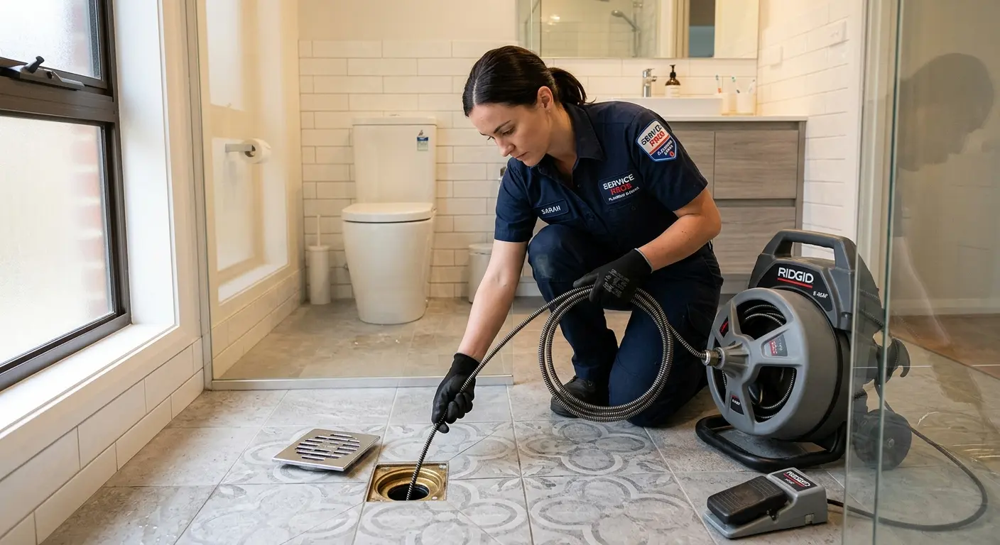Technician clearing a bathroom floor drain for Drain Repair in Livonia